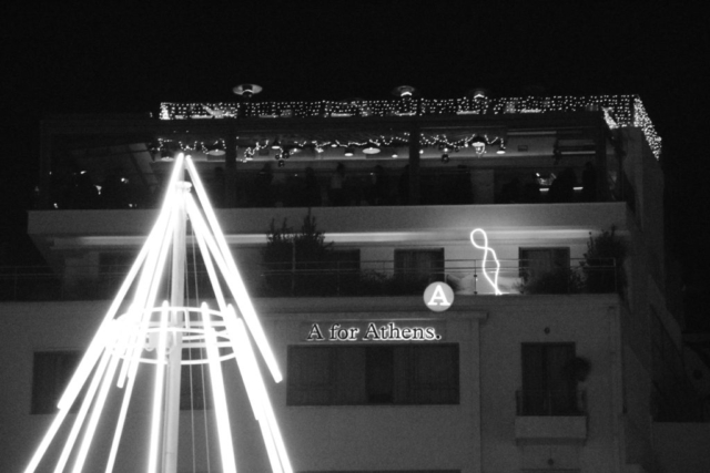 Monastiraki square, Athens, Neon Christmas tree.